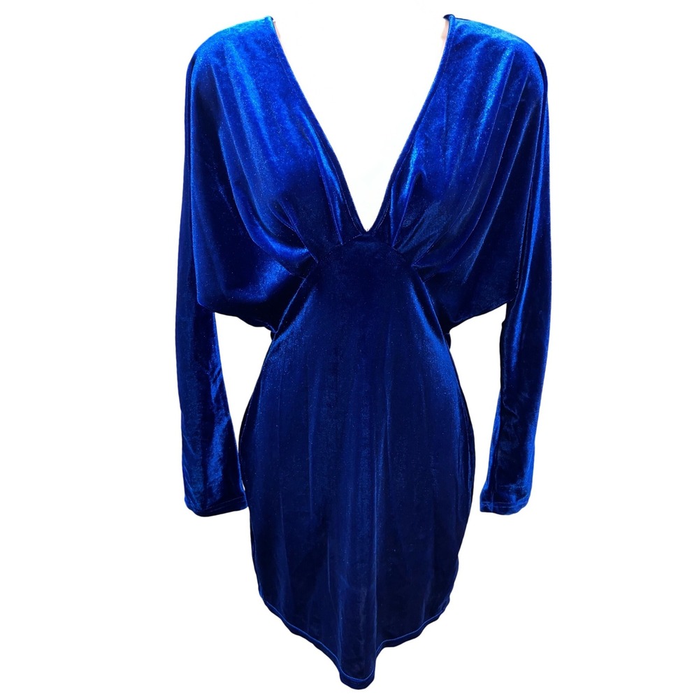 Luxe Wave Royal Blue Velvet Bodycon Mini Dress M Deep V Open Back Long Sleeve - Picture 2 of 9